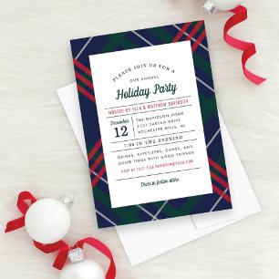 Invitation Fête Navy Vert Rouge Tartan Plaid Vacances Soirée