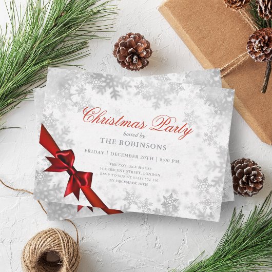 Invitation Fête Noël Argent et Ruban Rouge