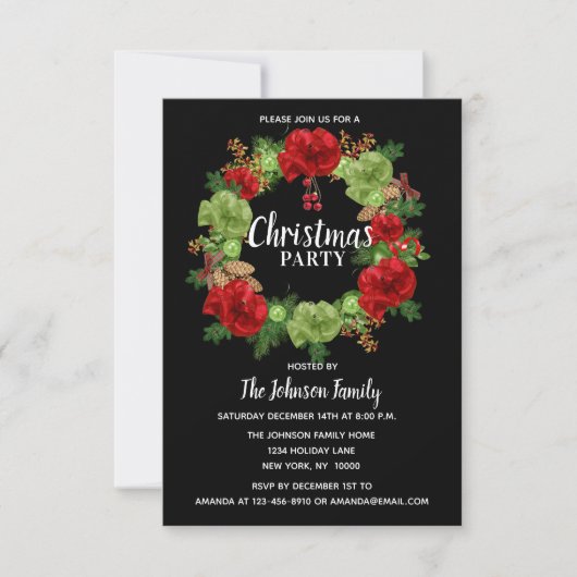 Invitation Fête NOËL FÊTE Wreath Black Red White (Devant)