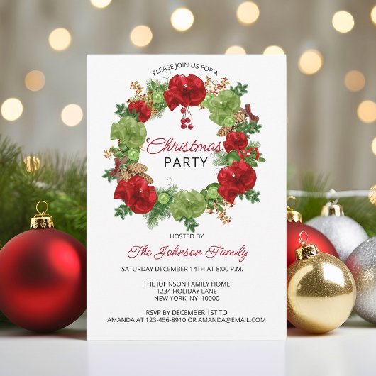 Invitation Fête NOËL FÊTE Wreath Blanc Rouge Vert