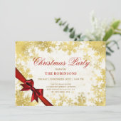Invitation Fête Noël Neige Or & Ruban Rouge (Debout devant)