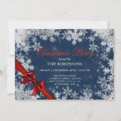 Invitation Fête Noël Silver & Red Ribbon Navy (Devant)