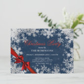 Invitation Fête Noël Silver & Red Ribbon Navy (Debout devant)