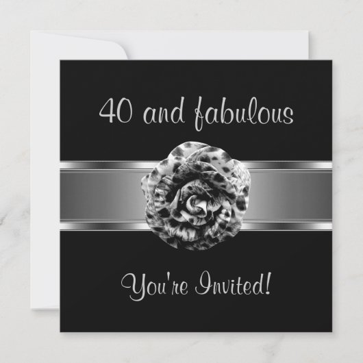 Invitation Fête Noir Gris Fleur Incroyable 40 ans (Devant)