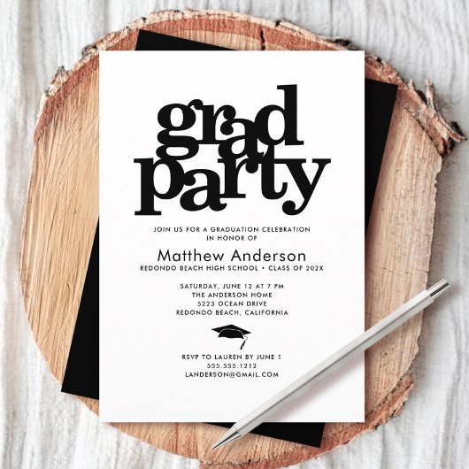 Invitation Fête noire et blanche moderne typographie gras