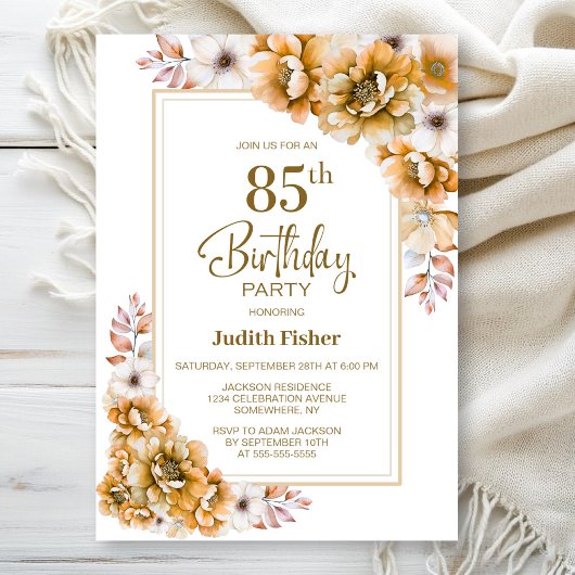 Invitation Fête Orange Floral moderne 85e anniversaire