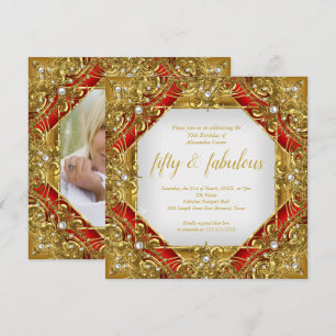 Invitation Fête Ornée Rouge Fabuleuse 50e Photo Or sur Or