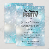 Invitation Fête Pailleté Argent Bleu Aqua Flou Artistique Ann (Devant / Derrière)