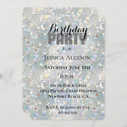 Invitation Fête Paillettes Argentées Bleu Blanc Bokeh Anniver (Devant / Derrière)