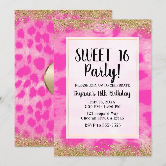 Invitation Fête Paillettes Or Imprimé Guépard Léopard Rose (Devant / Derrière)