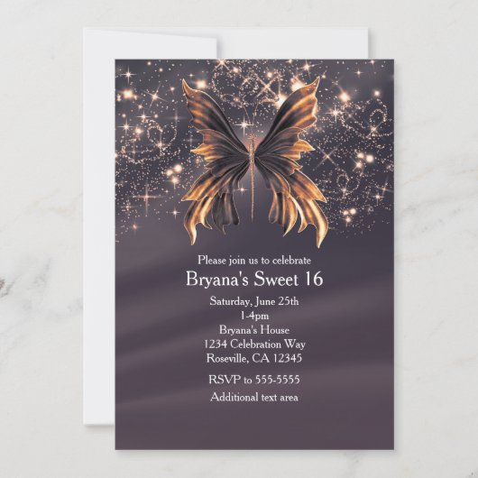 Invitation Fête Papillon Fantastique Paillettes Dorées (Devant)