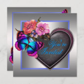 Invitation Fête papillon rose argenté pourpre (Devant / Derrière)