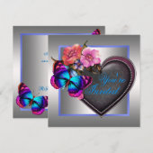 Invitation Fête Papillon Rose Argenté Violet (Devant / Derrière)