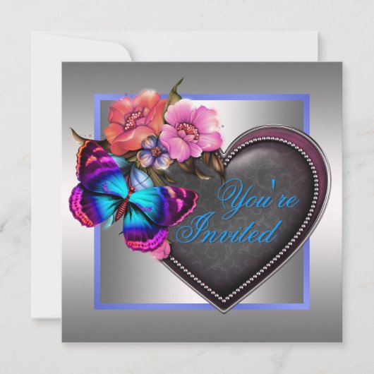 Invitation Fête Papillon Rose Argenté Violet (Devant)