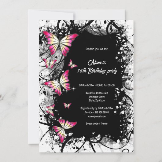 Invitation fête papillon rose noir blanc aquarelle (Dos)