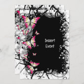 Invitation fête papillon rose noir blanc aquarelle (Devant / Derrière)
