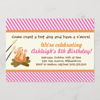 Invitation Fête par le feu de camp (rose) Anniversaire