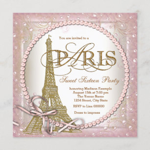 Invitation Fête Paris Sweet 16 Rose et Perle Dorée