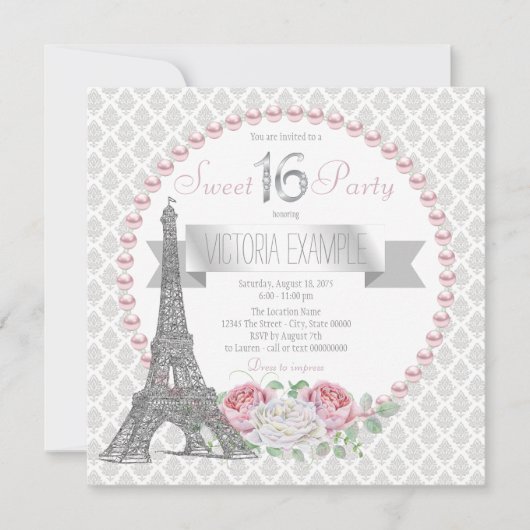 Invitation Fête Parisienne Perle Rose Sweet 16 (Devant)