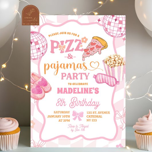 Invitation Fête Pastel Rétro Pizza et Pyjamas