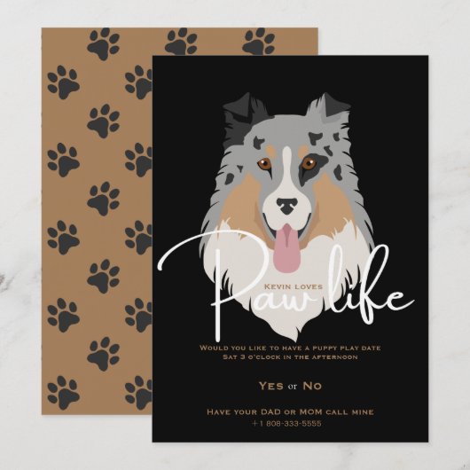 Invitation Fête patte de chien chiot mignon (Devant / Derrière)