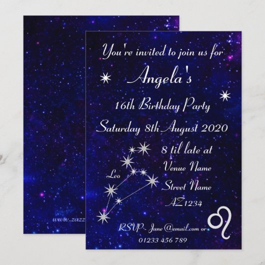 Invitation Fête personnalisée du zodiaque Lion Galaxie (Devant / Derrière)