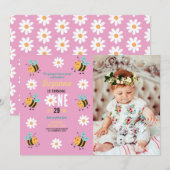 Invitation Fête Photo d'anniversaire de l'abeille Daisy rose (Devant / Derrière)