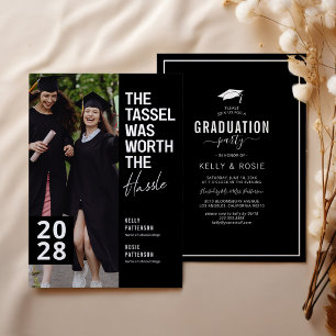 Invitation Fête Photo Double Graduation Noire & Blanc