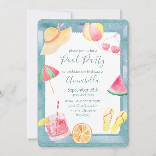 Invitation Fête Piscine à l'aquarelle (Devant)