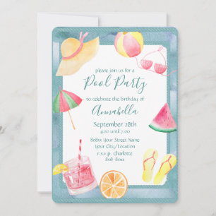 Invitation Fête Piscine à l'aquarelle