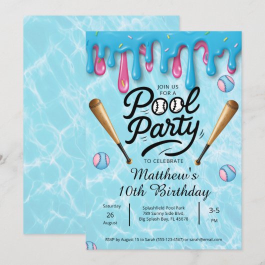 Invitation Fête piscine avec goutte de baseball Enfants / Ado (Devant / Derrière)