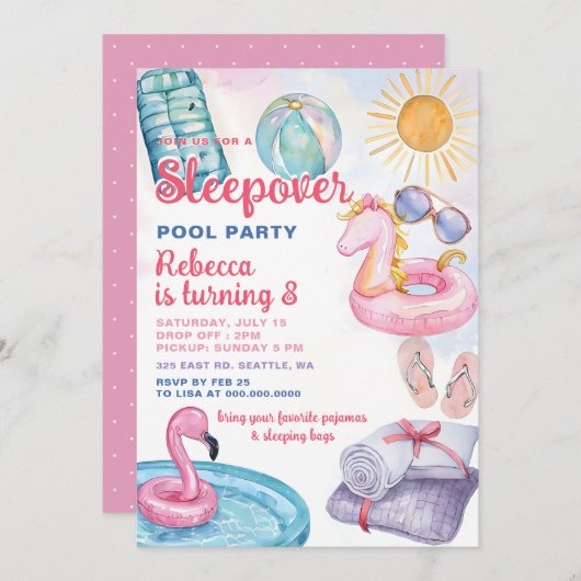 Invitation Fête Piscine de bois rose Fille Tween Ado Annivers (Devant / Derrière)