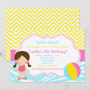 Invitation Fête piscine fille brune Bash Party