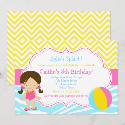 Invitation Fête piscine fille brune Bash Party (Devant / Derrière)