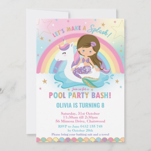 Invitation Fête piscine Sirène et Licorne Brunette Yeux Bleus (Devant)