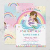 Invitation Fête piscine Sirène et Licorne Brunette Yeux Bleus (Devant / Derrière)