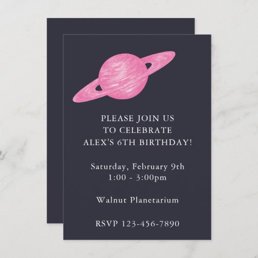 Invitation Fête planétaire sur le thème de l'espace en bleu e (Devant / Derrière)