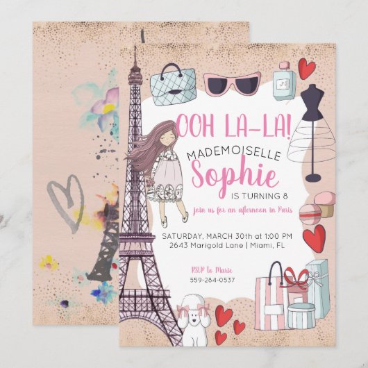 Invitation Fête pour préadolescents sur le thème de Paris (Devant / Derrière)
