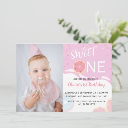 Invitation Fête Praline Rose Douce Première Fille 1er Anniver (Debout devant)