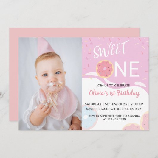 Invitation Fête Praline Rose Douce Première Fille 1er Anniver (Devant / Derrière)