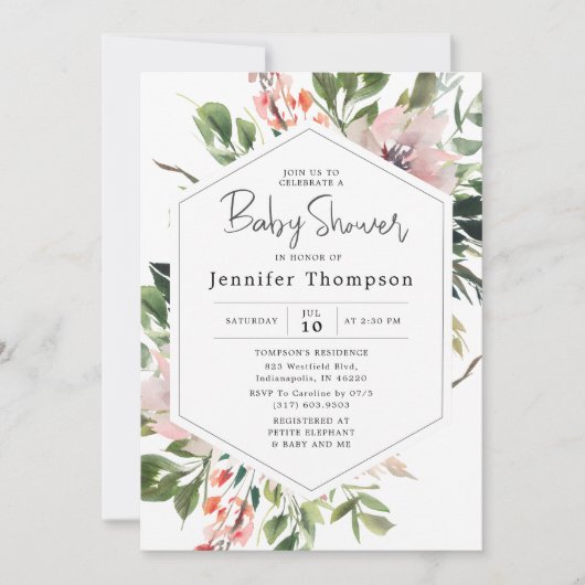 Invitation Fête Prénatale à l'aquarelle Fleurs Rosées et Feui (Devant)
