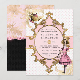 Invitation Fête prénatale Alice au pays des merveilles rose e