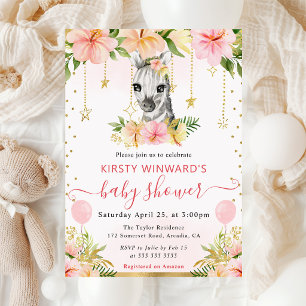 Invitation Fête Prénatale Aquarelle Fleurs Jungle Zèbre