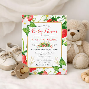 Invitation Fête Prénatale aux Fraises et Fleurs à l'Aquarelle