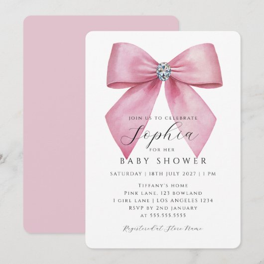 Invitation Fête Prénatale Bébé Fille Arc Rose (Devant / Derrière)