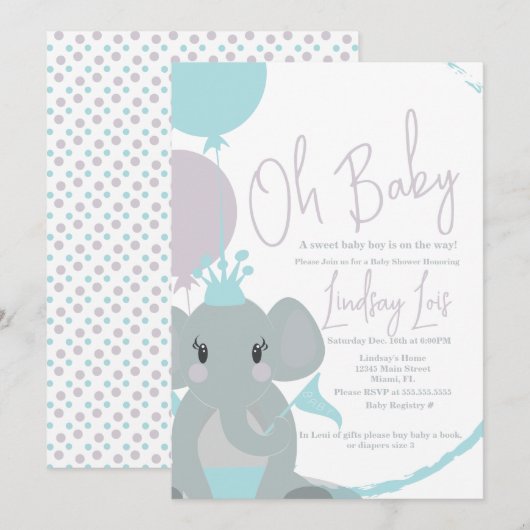 Invitation Fête Prénatale Bébé Fille Éléphant Ballons Script  (Devant / Derrière)
