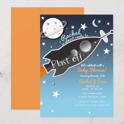 Invitation Fête Prénatale Bébé Fusée Décollage Spatial (Devant / Derrière)
