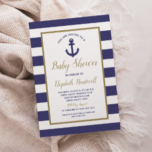 Invitation Fête Prénatale Bébé Garçon Bleu Marine Rayures Anc