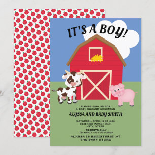 Invitation Fête prénatale bébé garçon ferme / étable vache et