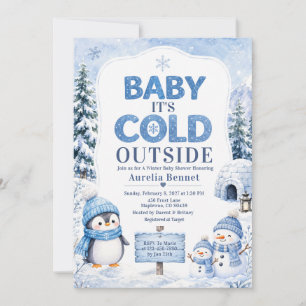 Invitation Fête Prénatale Bébé Neige Pingouin Bleu Hiver